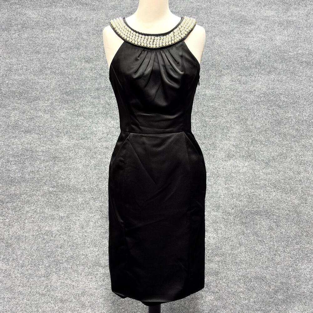 Milly Dress Womens 6 Black Beaded Halter Satin Sheath Cocktail Party Knee Length